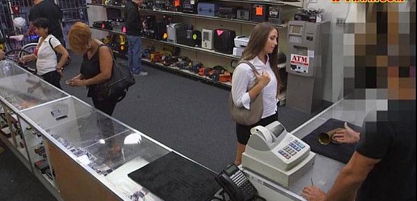  Hot babe trying to pawn a horn she stole then got pounded